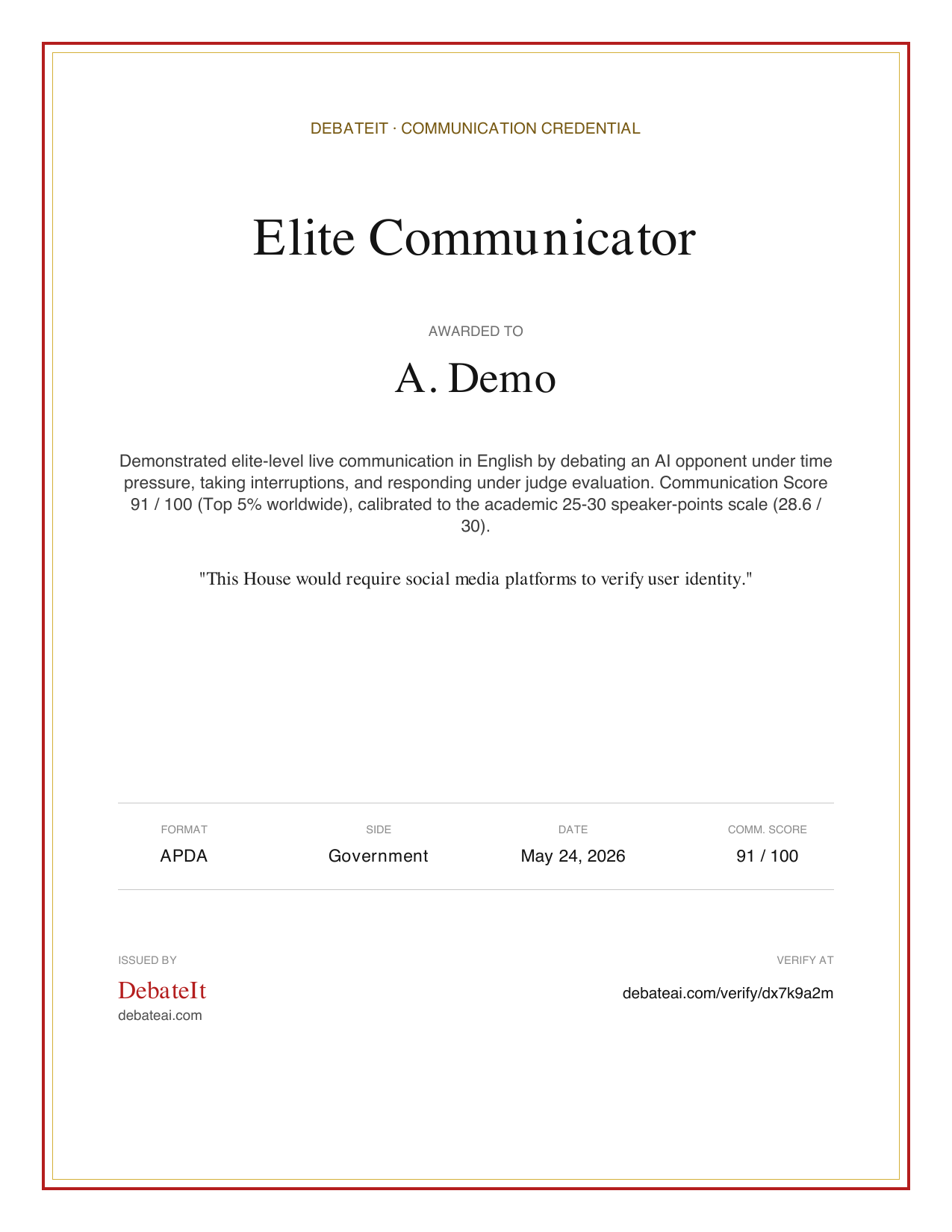 Sample DebateIt Communication Credential PDF for A. Demo